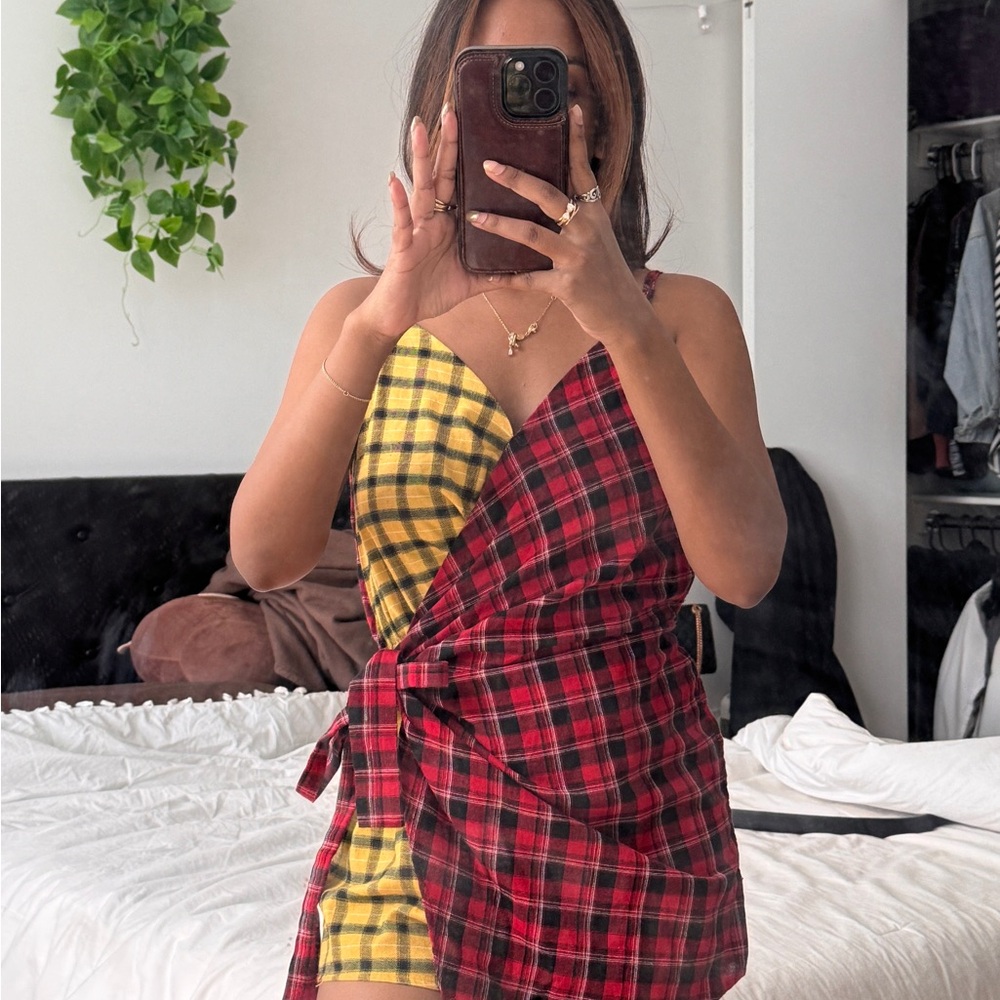 Plaid Wrap Dress in Red and Yellow